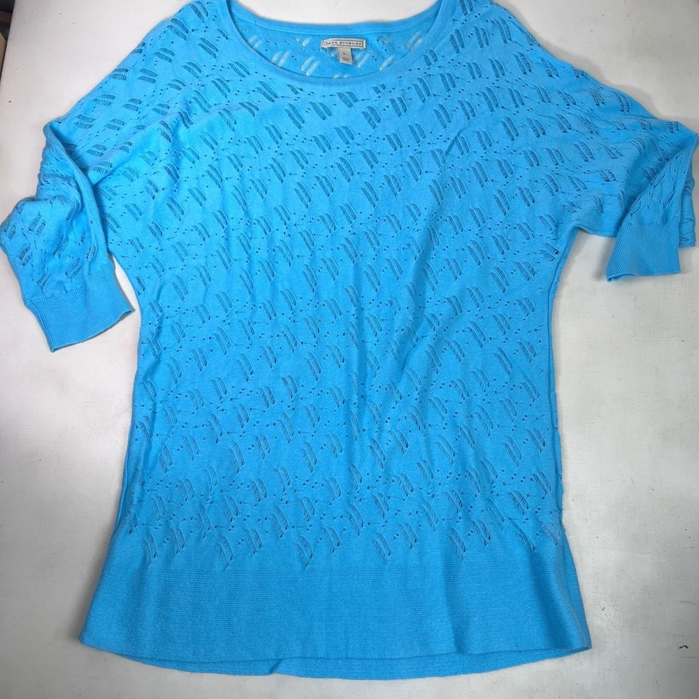 Knit Top Womens Large Blue Open Weave Tunic Sweater Classic Work Dana Buchman